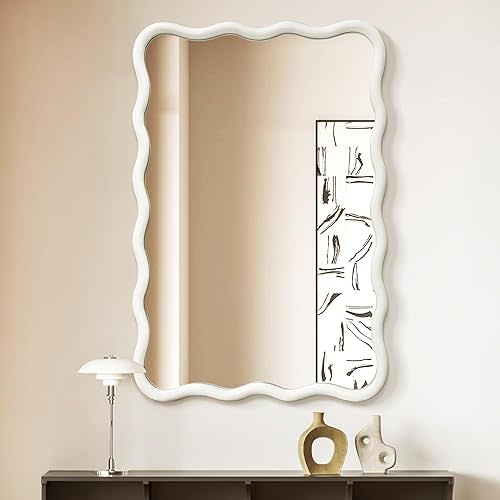 White Wavy Mirror Solid Wood- Squiggly Mirror Vanity Modern Wall Decor for Bathroom, Bedroom, Living Room, Dining Room, Cloakroom, Entryway