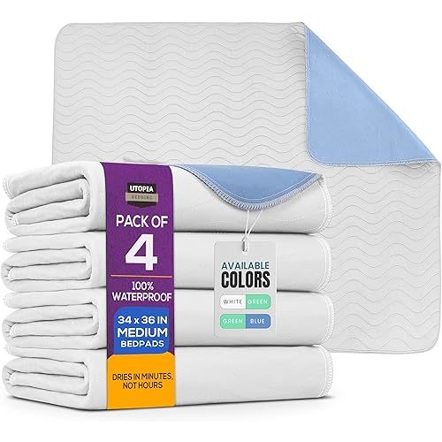 Utopia Bedding Washable Pee Pads for Dogs 34" x 36" (Pack of 4), Waterproof Incontinence Bed Pads for Adults, Elderly and Kids, Heavy Absorbency Pet Training Pads for Sofa and Couch (White, Blue)