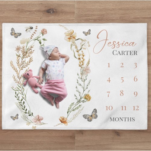 Boho Butterfly Milestone Blanket | Custom Wildflowers Girl Blanket | Personalized Baby Month Blanket | Newborn Gift | Baby Shower Gift
