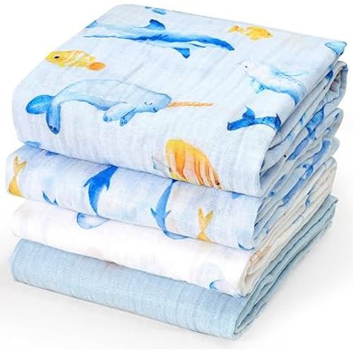 david's kids 4 Pack Baby Muslin Swaddle Blankets, 100% Cotton and Ultra Soft Breathable Receiving Blanket Wrap for Boys Girls, New Born Essentials, Large 47 x 47 inches, Whale