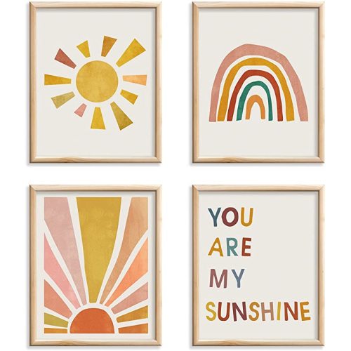 Boho Rainbow Nursery Art Set of 4 - You Are My Sunshine Wall Prints, Kids Room Decor