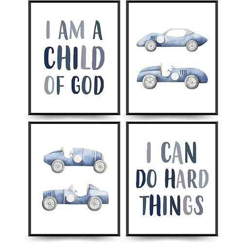 ETVISO Kidsroom Nursery Decor Wall Art Blue Car Prints,Bible Verse I Am A Child of God Wall Art for Boys Room Decor,I Can Do Hard Things Posters Picture,Toddler Boy Room,8x10 Inch Set of 4 Unframed