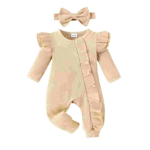 Douhoow Clothes 0 3 6 Months Baby Girl Ribbed Romper Long Sleeve Ruffle Jumpsuit Solid Bodysuit Headband