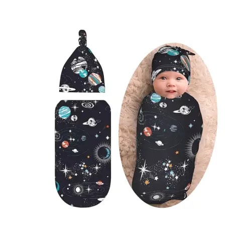 Galaxy Swaddle with Beanie Set, Soft and Stretchy Constellation Baby Swaddle Blanket for Boy and Girl Gift