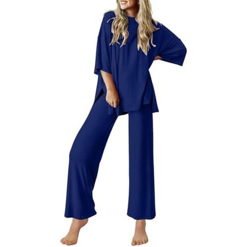 Ekouaer Lounge Sets for Women Short Sleeve Tops and Long Pants Soft Comfy Pajamas Set 2 Piece Outfits S-XXL