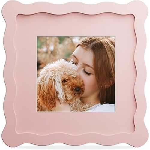 6x6 Picture Frame with Mat for 4x4, Wavy Edge Wooden Real Glass Photo Frame for Tabletop and Wall Hanging, Pink, 1 Pack