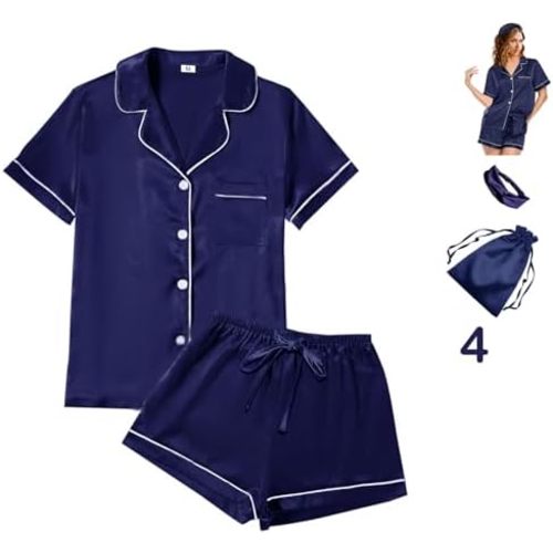 4Pcs Womens Satin Silky Pajama Sets Short Sleeve Shirt XS-4XL Floral Pajamas Set Soft PJ Loungewear Sleepwear