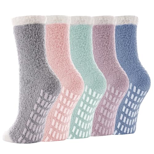 5 Pairs Fuzzy Socks with Grips for Women, Non Slip Cozy Fluffy Soft Socks, Winter Sleep Slipper Hospital