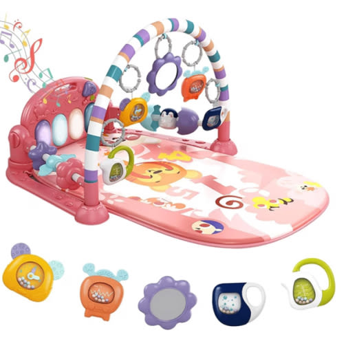 dearlomum Baby Play Mat Baby Gym,Funny Play Piano Tummy Time Baby Activity Mat with 5 Infant Sensory Baby Toys, Music and Lights Boy & Girl Gifts for Newborn Baby 0 to 3 6 9 12 Months (Tiger Pink)