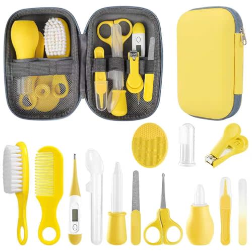 Baby Grooming Kit, Infant Safety Care Set with Hair Brush Comb Nail Clipper Nasal Aspirator,Baby Essentials Kit for Newborn Girls Boys (Yellow)