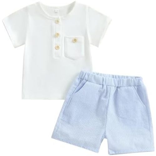 Toddler Boy Summer Clothes Pocket Button Collar Short Sleeve T-Shirt Strip Shorts 2Pcs Outfits Set