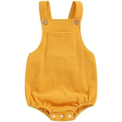 Sasaerucure Baby Cotton Linen Overalls Solid Color Sleeveless Square Neck Backless Romper for Boys Girls