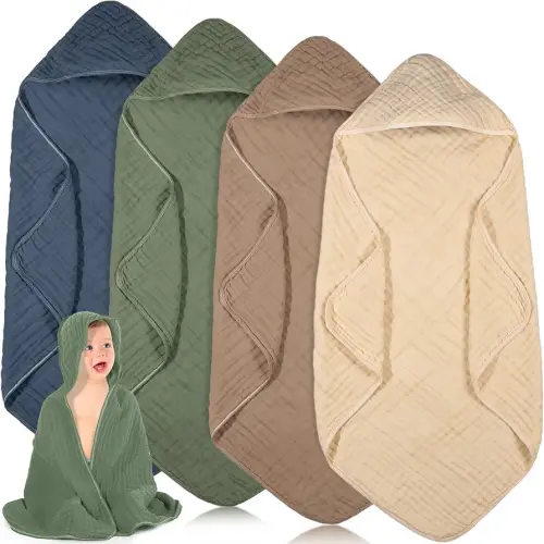 Peryiter 4 Pcs Muslin Hooded Baby Towels,32"x 32" Cotton Newborn Bath Towel Muslin Infant Baby Blankets Absorbent Unisex Newborn Registry Gift for Girls Boys (Green)