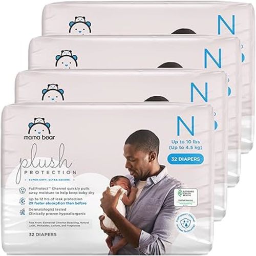 Amazon Brand - Mama Bear Plush Protection Diapers - Size Newborn, One Month Supply, Hypoallergenic Premium Disposable Baby Diapers, 128 Count (Pack of 4), White and Cloud Dreams