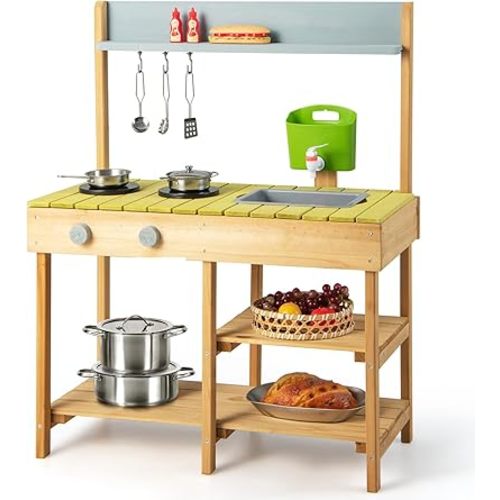 Costzon Wooden Kids Play Kitchen, Outdoor Mud Kitchen with Removable Sink, Water Box & Faucet, Stove Top, Storage Shelves, Fun Backyard Pretend Kitchen Playset for Boys Girls 3+ (Green)
