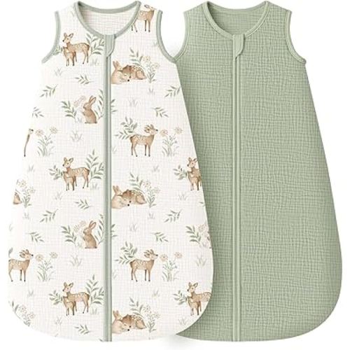 Konssy 2-Pack Baby Sleep Sack 0.7 TOG, 100% Muslin Cotton Wearable Blanket for Babies 0-6 Months, Breathable Sleeping Bag Newborn Essentials for Girls and Boys (Woodland,Sage)