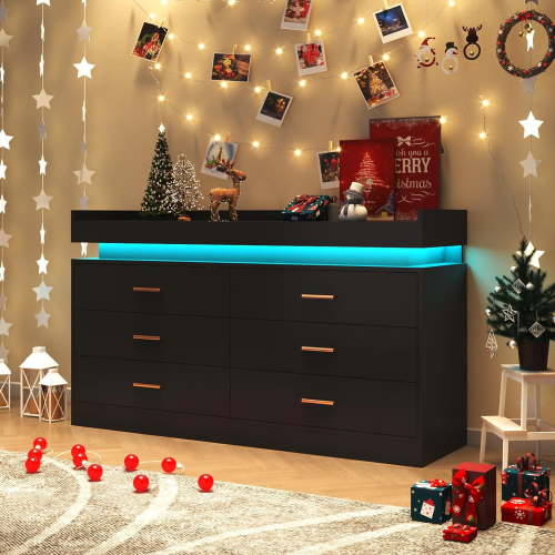 ChVans Black Dresser with LED Light and Charging Station, Modern Wood Dresser with Wide Drawers and Metal Handles, 6 drawer dresser for Bedroom, Living Room, Entryway, Hallway