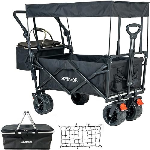 Collapsible Wagon Folding Garden Cart with Removable Canopy Utility Wagon Cart with All-Terrain Wheels Brake Beach Cart for Sand Heavy Duty Beach Wagon for Camping Shopping (Black)
