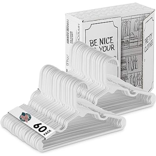 USA Made Premium Children's Clothes Hangers - Youth Hangers - Very Durable Heavy Duty Tubular Kids Hangers Plastic - Baby Hangers for Closet, 60 Pack of Child Hangers (White)