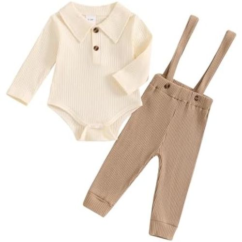 Kaipiclos Newborn Baby Boy Clothes Rib Knit Long Sleeve Romper Cute Suspender Pants Solid Infant Fall Winter Gentleman Outfit