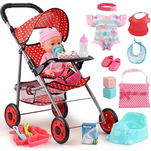Baby Doll Stroller Set with 12" Baby Doll,19 PCS Baby Doll Accessories and 2 Sets Doll Clothes for Girls Toddlers 3-5 4-6 Gifts,Doll Stroller Toys for Realistic Pretend Play