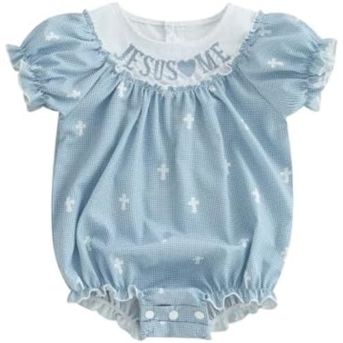 YOKJZJD Newborn Baby Girl Baptism Outfits Ruffle Short Sleeve Smocked Romper Bodysuit Jumpsuit Christening Summer Clothes