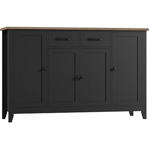 HORSTORS 55" Buffet Cabinet with Storage, Kitchen Buffet Sideboard with Drawers, Large Storage Cabinet with Doors and Shelves, Modern Farmhouse Coffee Bar for Kitchen, Dining Room, Living Room, Black