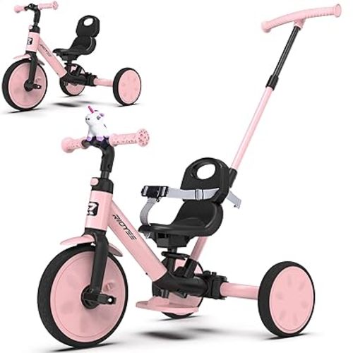 5-in-1 Kids Tricycle for Toddlers 1.5-3, Tool-Free Convertible Kids Push Trike to Balance Bike, Safety Belt, Removable Backrest and Footrest, Ride-On Toy for Boys & Girls, Pink