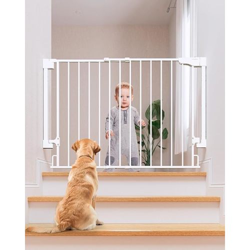 Cumbor 29.2-43" No Bottom Bar Baby Gate for Stairs, 2-in-1 Hardware Mounted Dog Gate Indoor, Auto Close Pet Gate for Doorways with Large Walk Thru Door, Wide Child-Proof Safety Gates for Kids (White)