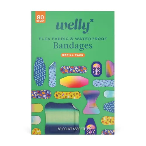 Welly Bandage Family Pack | Adhesive Flexible Fabric & Waterproof Bandages | Assorted Shapes and Patterns for Minor Cuts, Scrapes, and Wounds - 80 Count