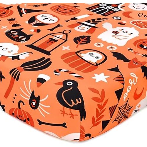 JISEN Halloween Crib Sheet Pumpkins Fitted Crib Sheet for Boys Girls Crib Mattress Cover Baby Sheet for Standard Crib and Toddler Mattress Soft Breathable Baby Bed Sheet for Neutral 52x28 Inch Ghosts