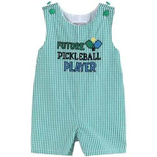 Lil cactus Baby Boys and Toddlers Future Pickleball Player Green Gingham Shortalls Romper
