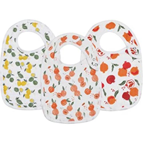 Snap Muslin Bibs for Girls, 3-Pack Baby Bibs for Infants, Newborns and Toddlers, 100% Cotton Muslin Absorbent & Soft Layers, Adjustable Snaps,"Lemon,Peach,Pomegranate"