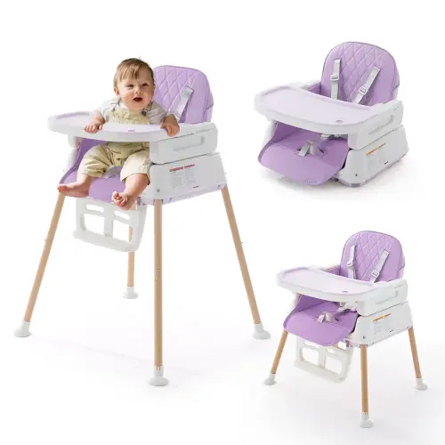 3 in 1 Baby High Chair, Portable High Chairs for Babies and Toddlers, Adjustable Convertible Infant Baby Feeding Chair Booster for Eating with Detachable Double Tray, 5 Point Harness, Footrest Purple