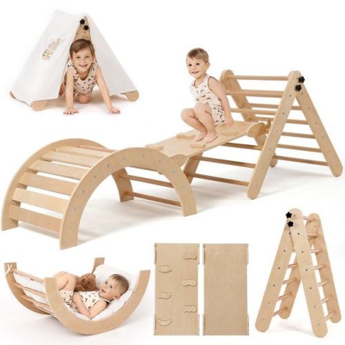 Gotgelif 3-in-1 Versatile Montessori Climbing Set Wooden Padded Toddlers Play Gym With Sliding And Climbing Ramp