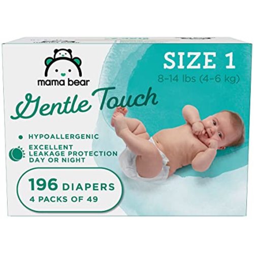 Amazon Brand - Mama Bear Gentle Touch Diapers, Hypoallergenic, Size 1, 196 Count (4 packs of 49), White - Size 1 (196 Count)