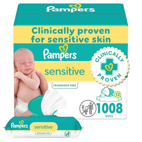 Pampers Baby Wipes, Sensitive, Water Based Wipe, Clinically Proven, Hypoallergenic, and Unscented for Babies, 1008 Wipes Total (12 Flip-Top Packs) [Packaging May Vary]