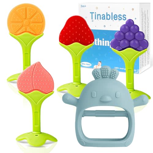 Baby Teething Toys(5 Pack) - Tinabless Infant Teething Keys&Silicone Teething Mitten for Babies Over 3 Months, BPA-Free, Natural Organic Freezer Safe for Infants and Toddlers(Blue)