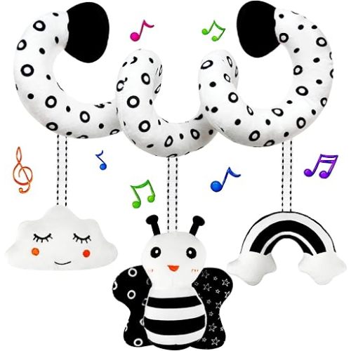 Car Seat Toys Stroller Spiral Hanging Stroller Black and White High Contrast Baby Toys for Newborn,Infant Plush Activity Sensory Toys for 0 2 4 6 8 10 12 Months Boys Girls(Bee)