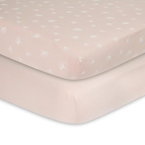 Ely’s & Co. Crib Sheet 2-Pack — Combed, 100% Jersey Cotton for Baby Girl — Rosewater Pink, Pin Dots & Gingko Leaves - Pink, White