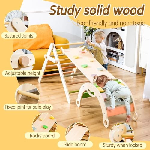 deli Pikler Triangle Set Climber 3-in-1, Baby Pickler Climbing Toys Indoor Playground with Rainbow Rocker & Pikler & Climping Ramp, Wooden Montessori Climbing Set for Toddlers & Kids 1-6 Years