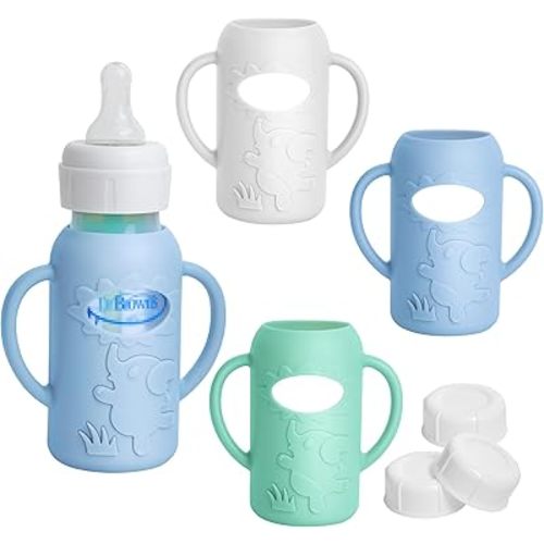 3 Pack Silicone Sleeves for Dr Brown Natural Glass Baby Bottles, Food Grade Anti Breakage Baby Bottle Holder with Handles and 3pcs Travel Bottle Caps (White+Blue+Green, 4oz)