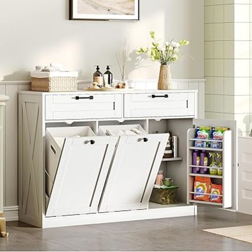 Double Tilt Out Laundry Hamper Cabinet, 43.3" Laundry Storage Cabinet with 2 Removable Baskets, Farmhouse Wooden Hidden Trash Bin Cabinet with Open Shelving, for Bathroom or Kitchen