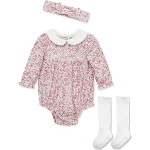 Smocked Bubble Bodysuit, Headband & Socks Set, 6M