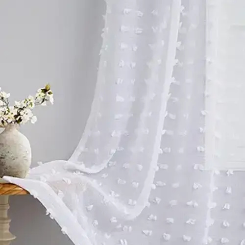 DANCURTON White Semi Sheer Curtains 63 Inch Length 2 Panels for Bedroom Back Tab White Pom Pom Tufted Curtains Farmhouse Boho Shabby Chic Drapes Girls Kids Baby Nursery Cute Window Curtains W52xL63