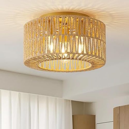 12.6”Rattan Flush Mount Ceiling Light Fixtures, 3-Light Boho Light Fixture Rattan Hand-Woven Chandelier Close to Ceiling Light Fixture for Bedroom Hallway Kitchen Dining Room Nursery(Brown)