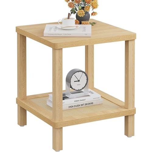 Large End Table,20 Inch Square Side Table,Coffee Table,Rattan Side Table,Boho Nightstand for Living Room,Bedroom,Rounded Corners,Easy Assembly Natural LET56Y