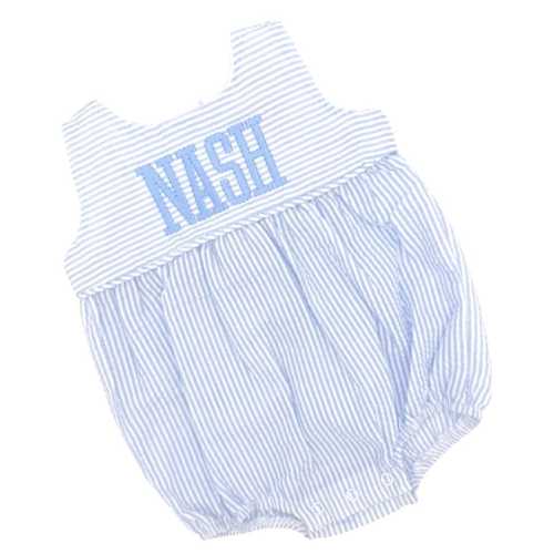 Blue Seersucker Baby Boy Bubble Romper | Personalized Embroidered Name Outfit | Custom Toddler Summer Birthday Baby Shower Gift