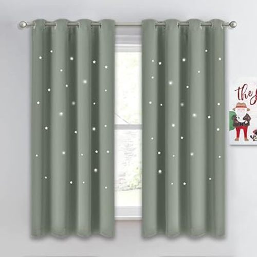 NICETOWN Sage Green Nursery Blackout Curtains with Star Hollow Out for Girls Bedroom, Kids Cutout Galaxy Window Curtains & Drapes with Grommet for Baby Nursery, 52" W x 63" L, 1 Panel