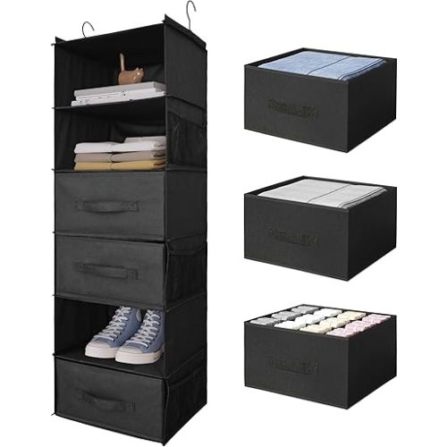6-Shelf Hanging Closet Organizer with Drawers, Wardrobe Clothes Storage Foldable Portable Hanging Closet Shelves for Clothes Shoes, 47"x13.75"x12.25", Black